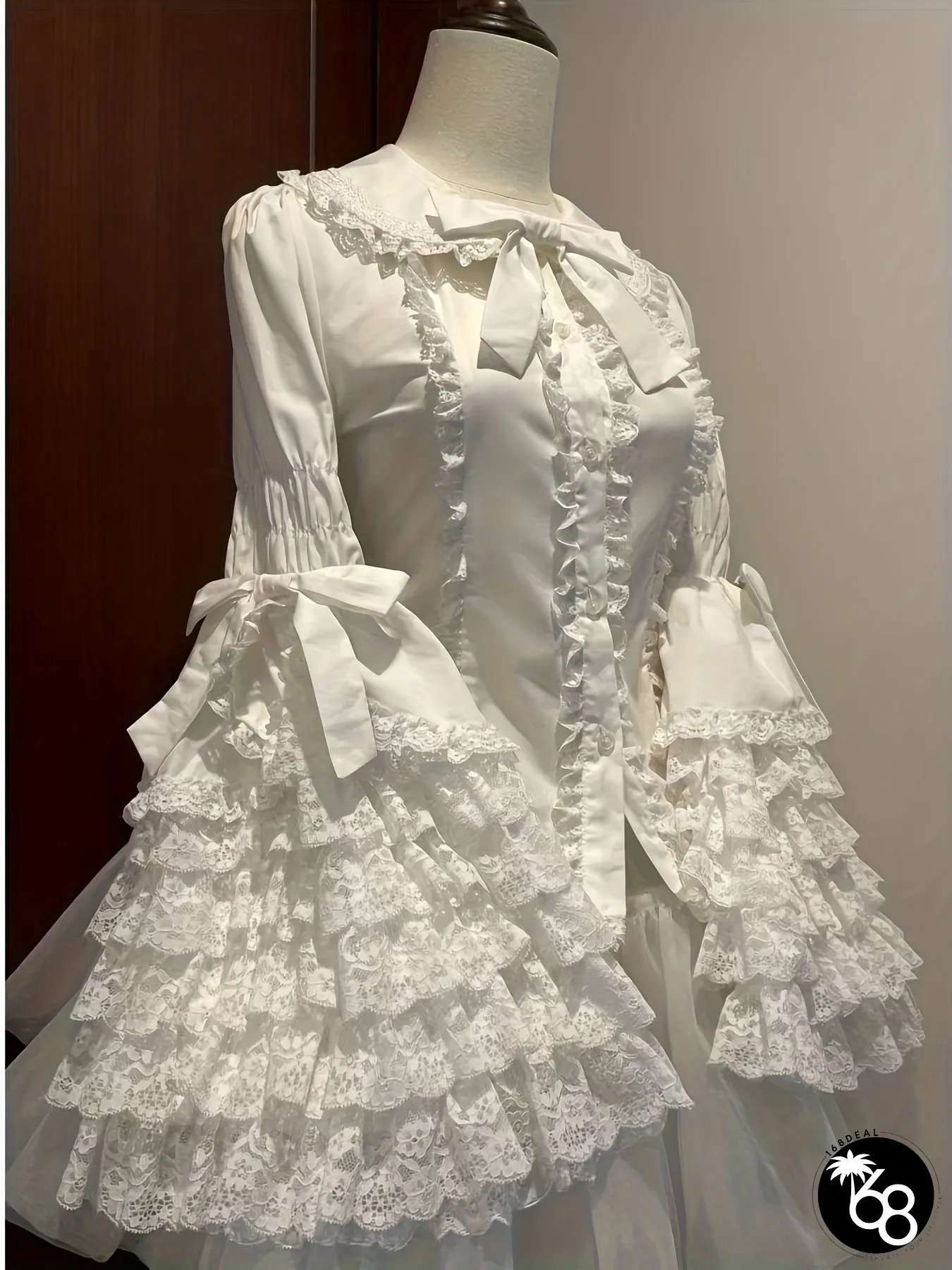 Womens White Vintage Lace Ruffled Sleeve Blouse with Bow Collar Multi-layered Frilled | 168DEAL