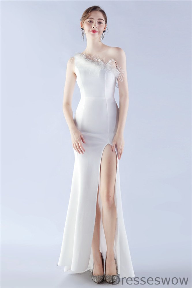 Dresseswow Mermaid Satin Prom Dress One Shoulder High Split With Feather