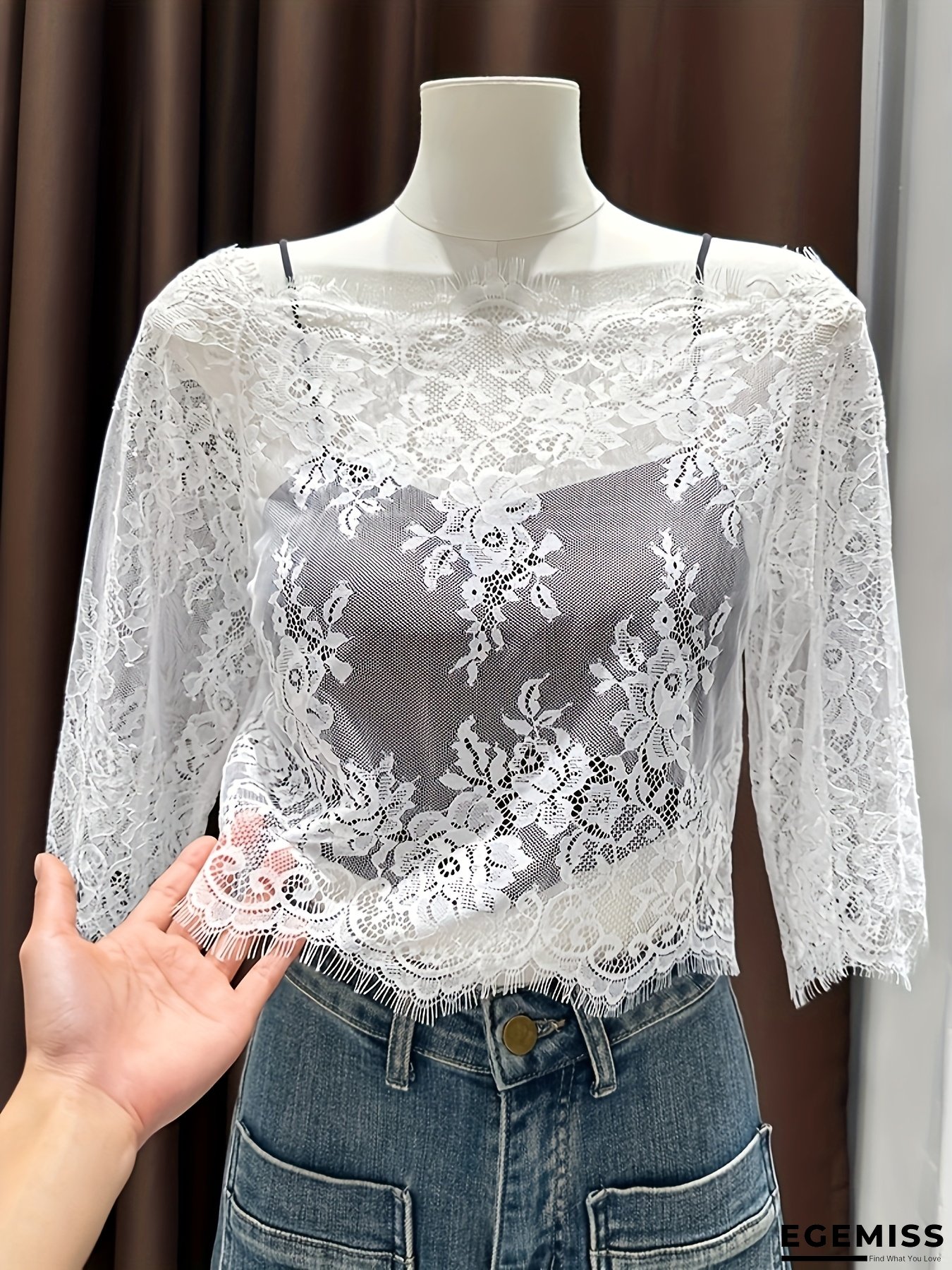 Women's Lace Cover-Up Top | Off-Shoulder Loose Fit 3/4 Sleeve Sheer Mesh Blouse | Chiffon Crochet Hollow Out Design Short Style | Summer Casual Wear For Daily Outfits, Beach Cover Up, Layering With Dresses, Dress Layering, Vacation Outfit, Sheer Blouse | EGEMISS