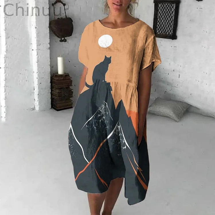 Abstract Creative Cat Chasing The Sun Pattern Drawing Print Art Midi Dress