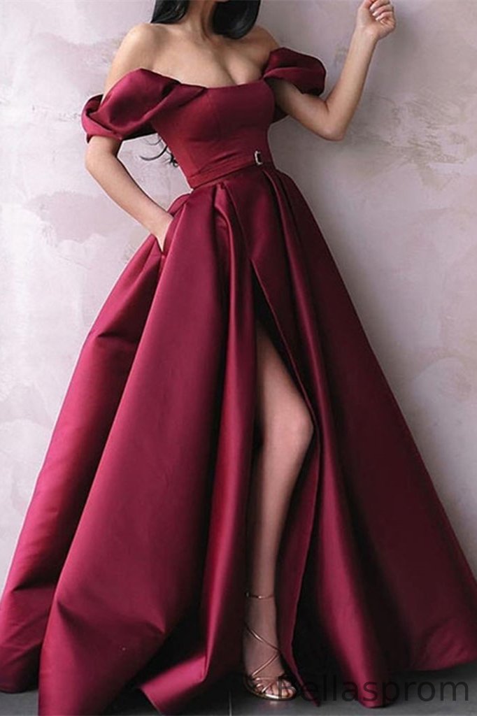 Bellasprom Burgundy Slit Prom Dress With Pockets Off-the-Shoulder Bellasprom