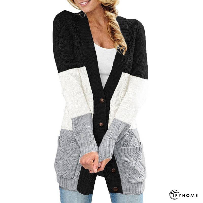 Contrasting Striped Open Front Twist Flower Mid-Length Sweater | IFYHOME