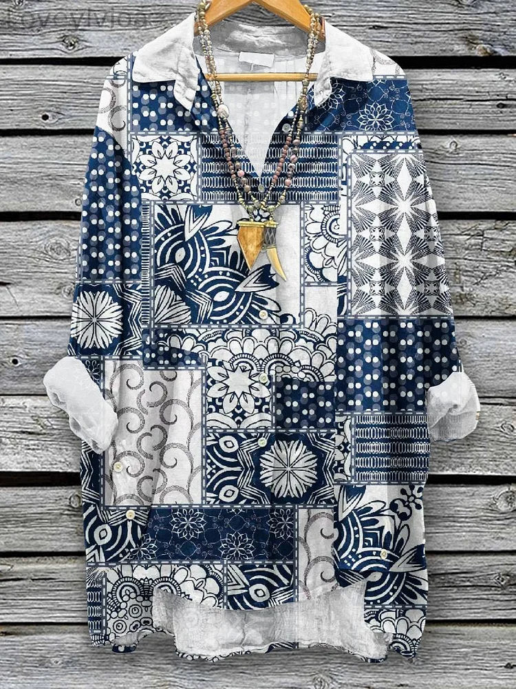 Women's Vintage Pattern Art Print Casual Cotton And Linen Shirt