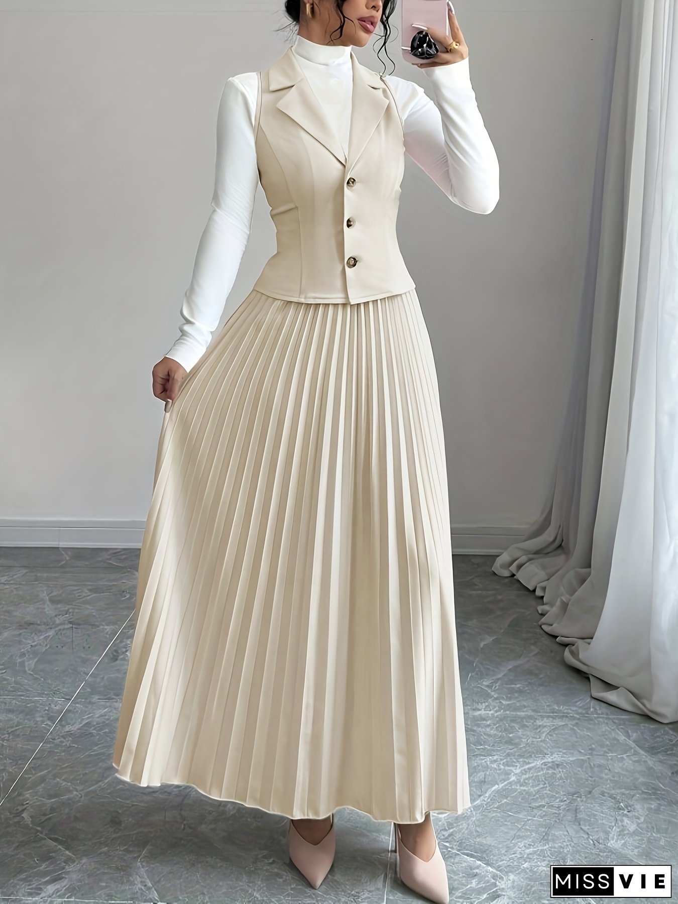 Elegant Women&lsquo;s Two-Piece Set - Sleeveless V-Neck Blouse with Button Front & Pleated Maxi Skirt, Solid Color, Spring/Summer Commute Style, Polyester Fabric, No Belt, Casual Attire|Vneck Blouse|Polyester Fabric