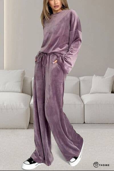 Buttery-Soft Round Neck Long Sleeve Top and Drawstring Pants Set | IFYHOME