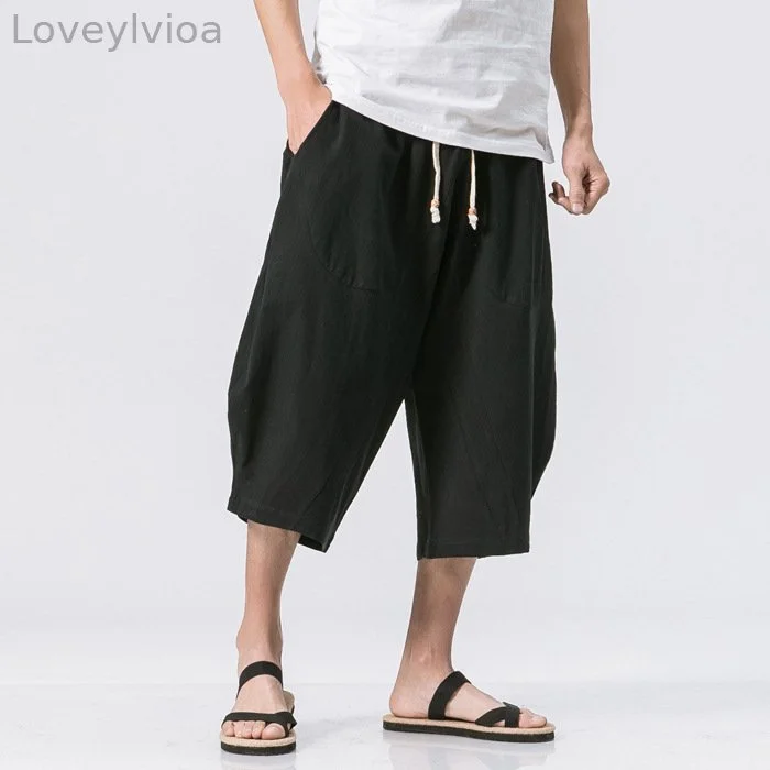 Men's Vintage Japanese Pocket Cotton Linen Casual Capri Pants