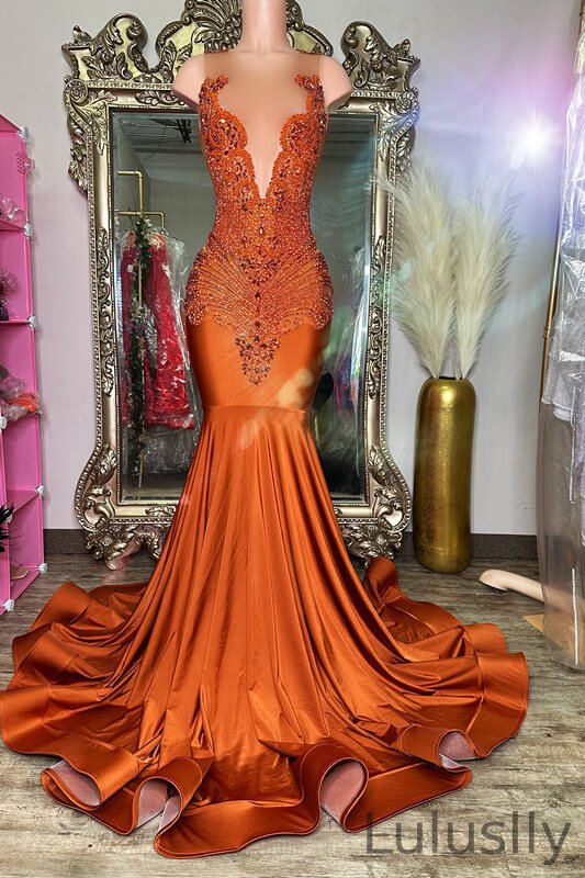 Luluslly Burnt Orange Scoop Sleeveless Mermaid Evening Gown With Beadings Crystals