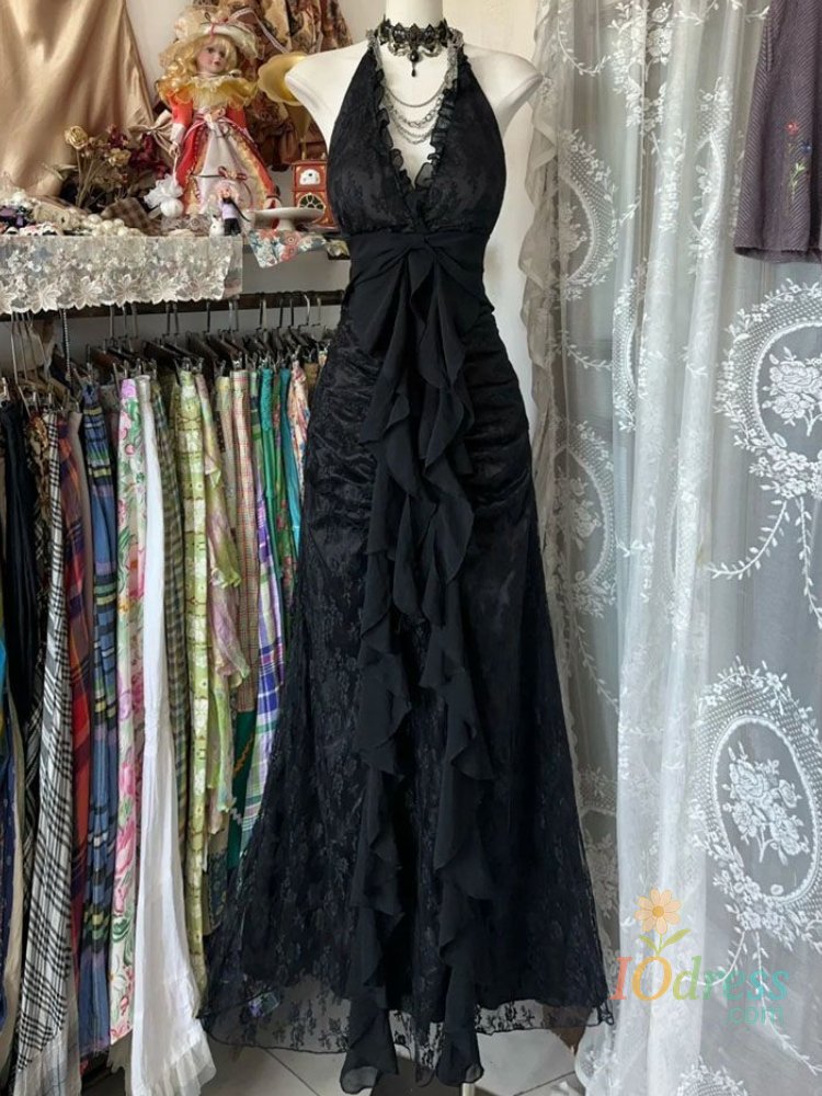 IO Dress France Vintage Slim Slash Neck Sleeveless Dress Women Gothic Y2k V-neck Black Summer Dresses High Street Chic Skinny Clothing