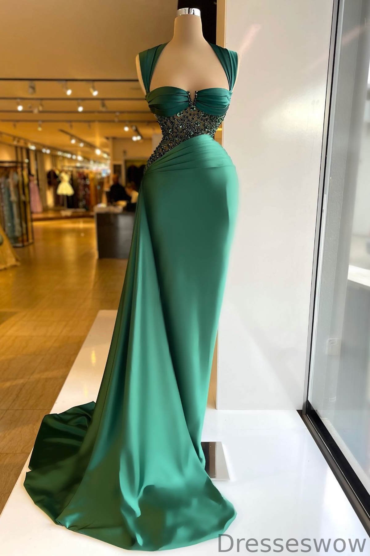 Dresseswow Emerald Green Sleeveless Mermaid Evening Dress With Ruffles Beads Crystals