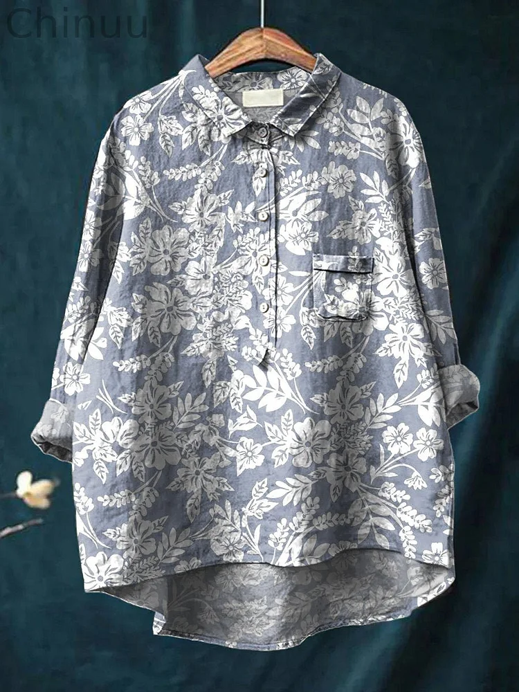 Women's Silhouette White Floral Print On Blue Print Casual Cotton And Linen Shirt