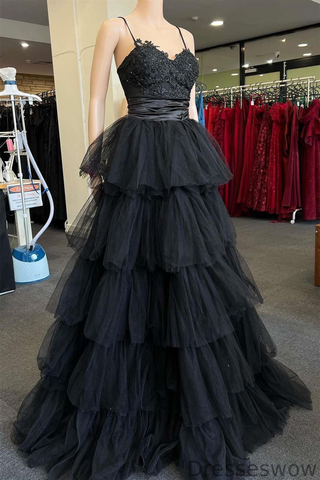 Dresseswow Black Spaghetti-Straps Sleeveless Mermaid Formal Dresses With Tulle Layers Appliques