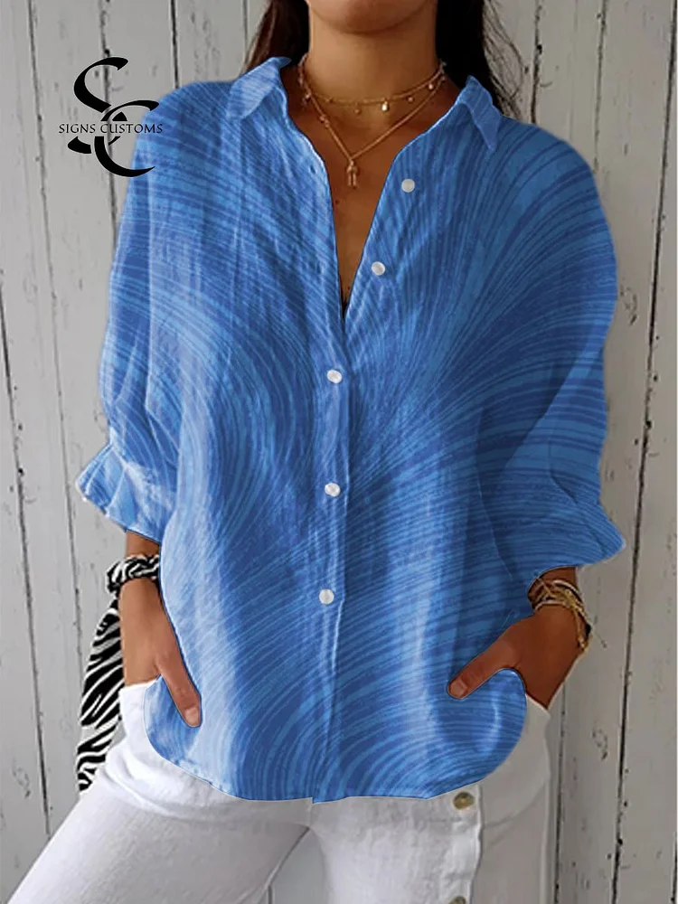 Women's Blue Line Art Print Casual Linen V-neck Shirt