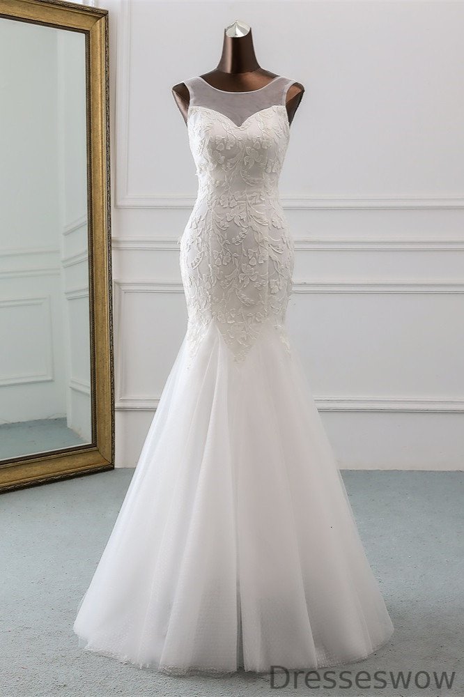 Dresseswow Jewel Backless Long Mermaid Wedding Dresses With Lace