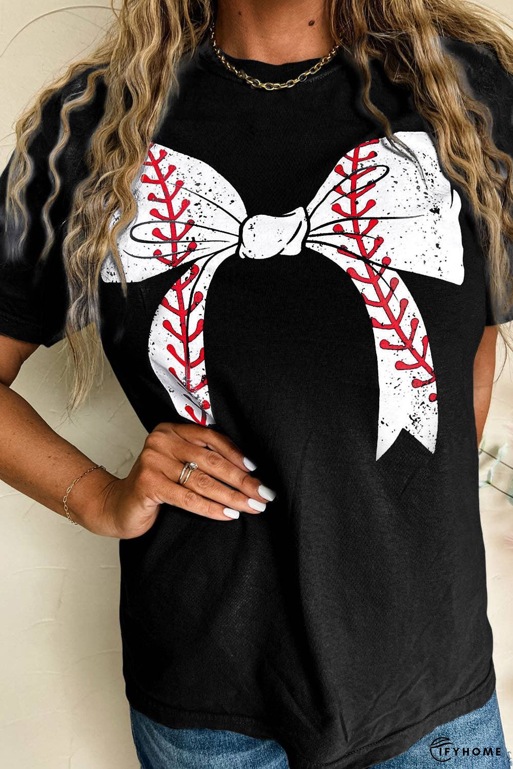 Black Baseball Bowknot Graphic Roll Up Sleeve Tee | IFYHOME