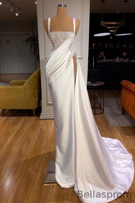 Bellasprom White Square Mermaid Evening Gown Sleeveless High Split With Beads Bellasprom