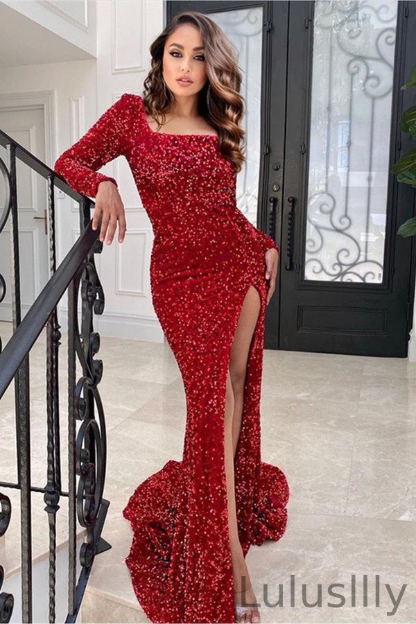 Stunning Burgundy Sequins Mermaid Prom Dress Long Sleeves With Slit - lulusllly