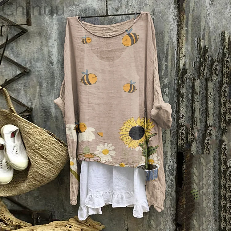 Women's Vintage Bee And Sunflower Cozy Linen Blend Tunic