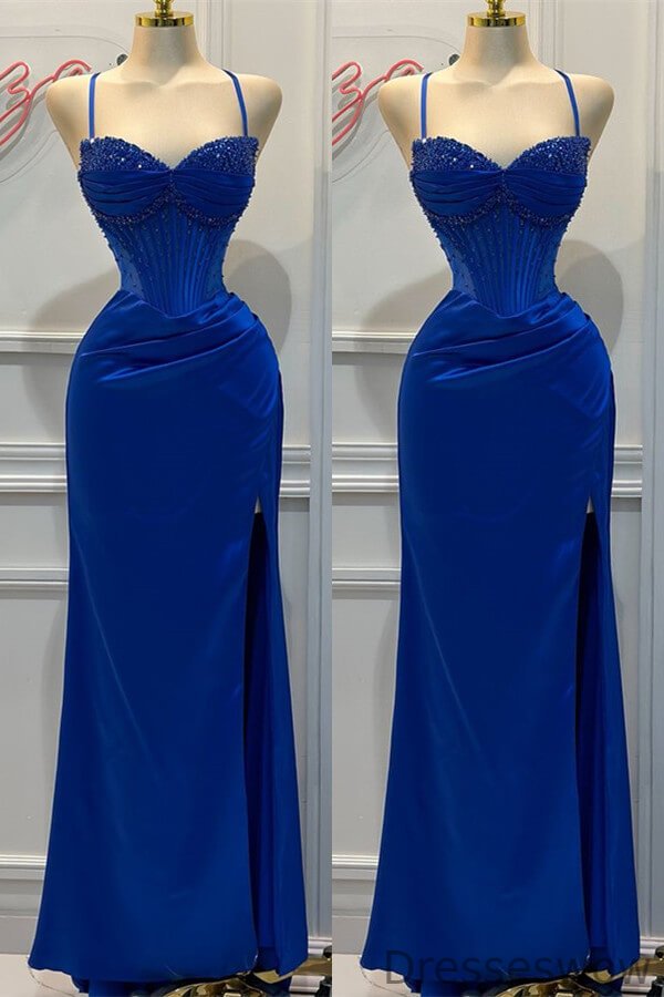 Dresseswow Royal Blue Spaghetti-Straps Sleeveless Mermaid Ball Dress With Split Beads