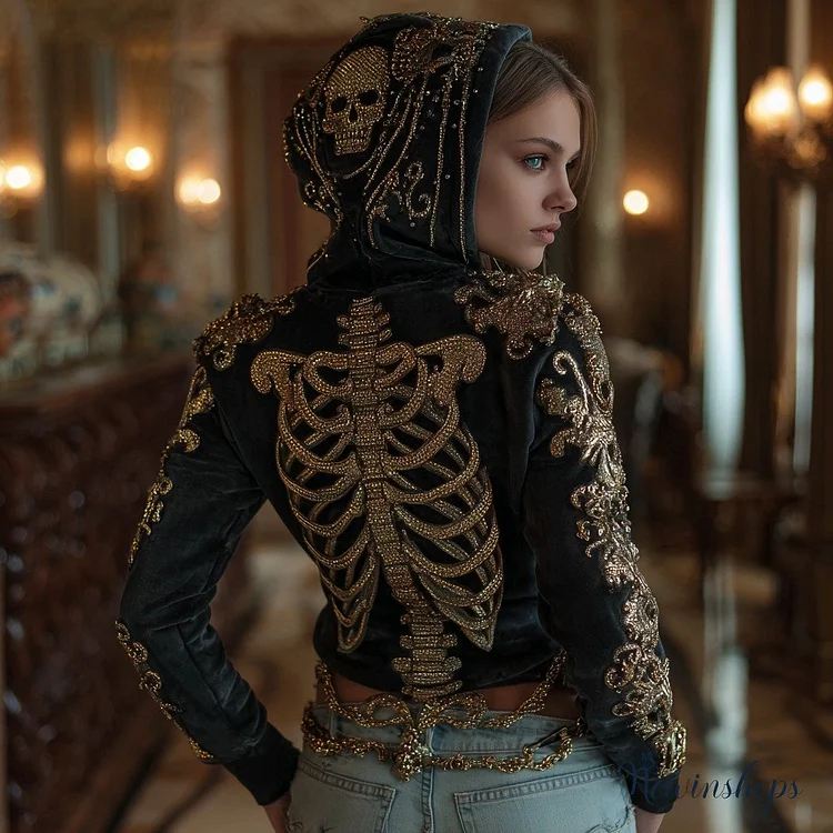 Women's Gothic Skull And Floral Embroidery Comfortable Hoodie