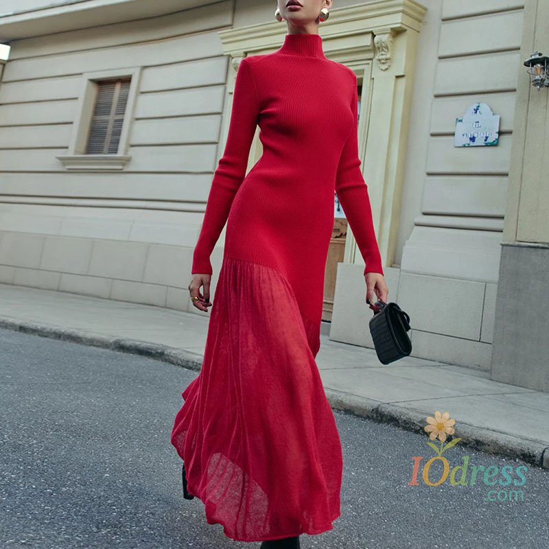 IO Dress Fashion Half High Collar Knitted Long Dress Autumn Casual Long Sleeve Party Dress Winter Women Elegant Mesh Splicing Maxi Dress