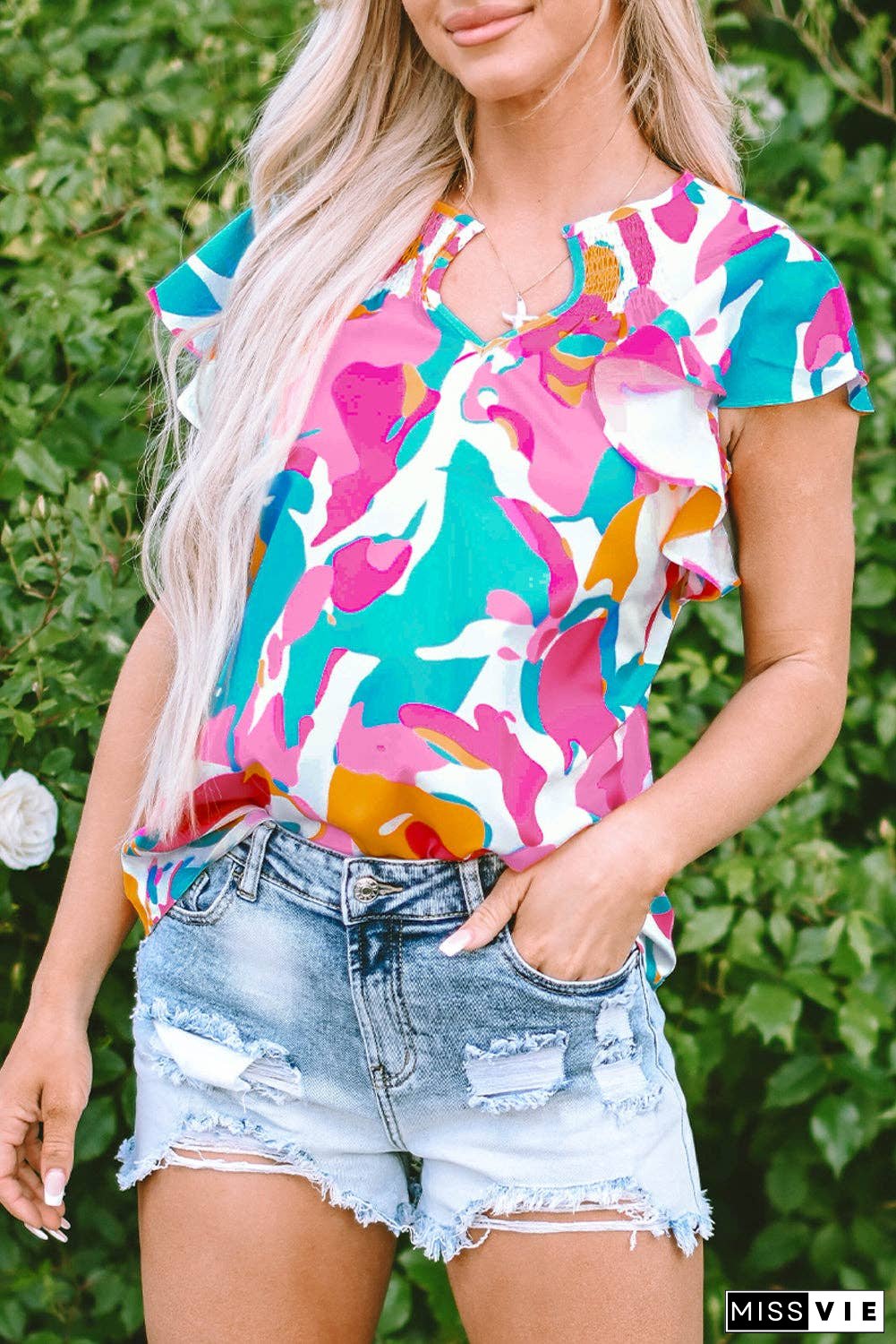 Multicolour Abstract Print Notched Neck Flutter Sleeve Blouse