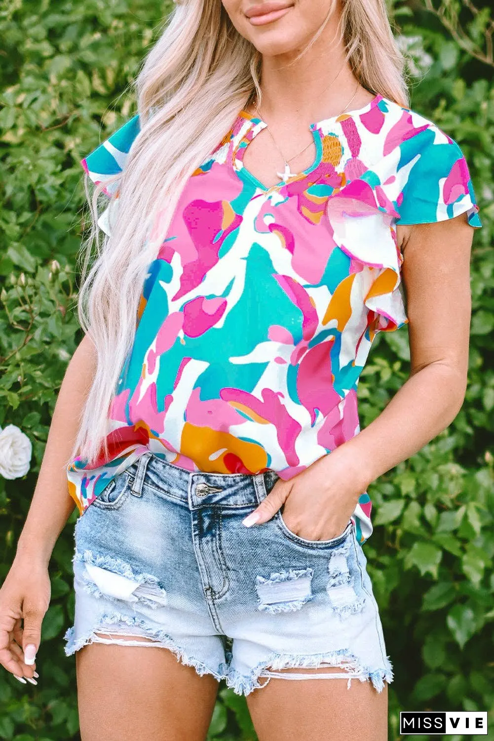 Multicolour Abstract Print Notched Neck Flutter Sleeve Blouse