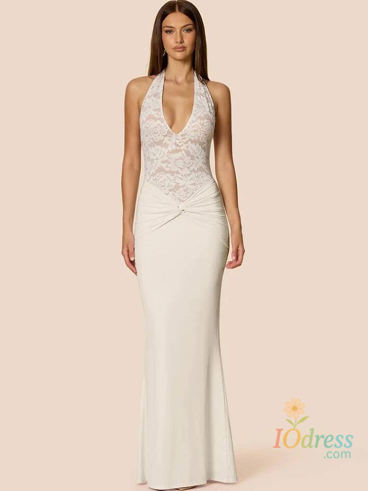 IO Dress Fantoye Patchwork Sexy Backless Lace Halter Women Maxi Dress Black Deep V-neck Ruched Autumn Skinny Elegant Party Evening Dress