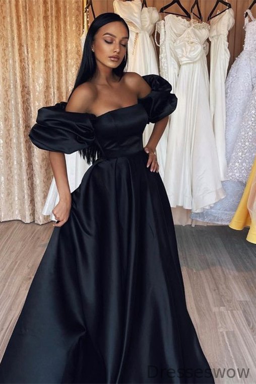 Dresseswow Off-the-Shoulder Bubble Sleeves Black Prom Dress Princess Long