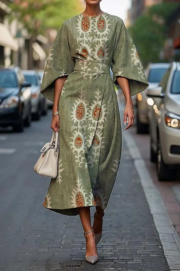 Women's Vintage Elegant Ethnic Floral Print Midi Dress