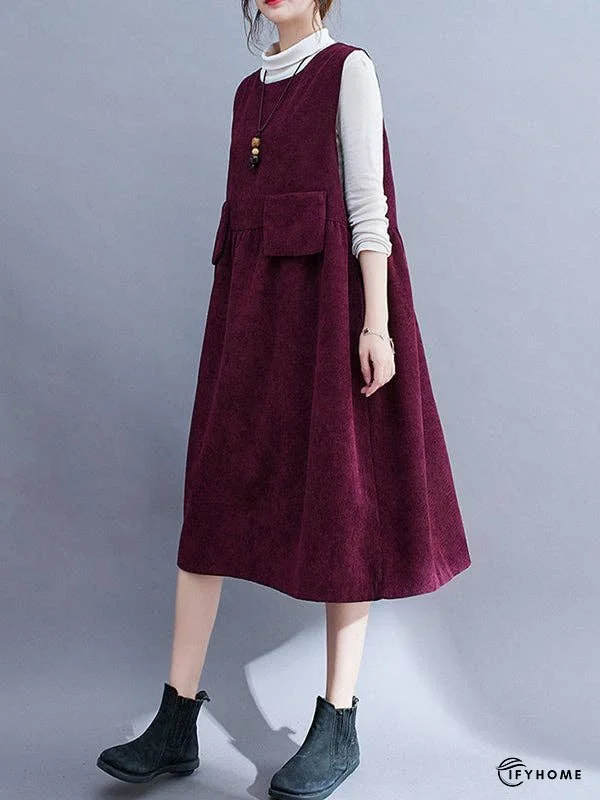 Artistic Retro Loose Sleeveless Solid Color Round-Neck Midi Dresses | IFYHOME