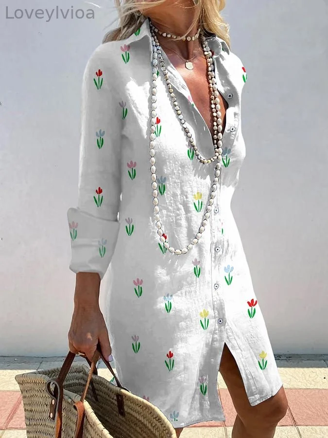 Women's Elegant Floral Print Shirt Dress