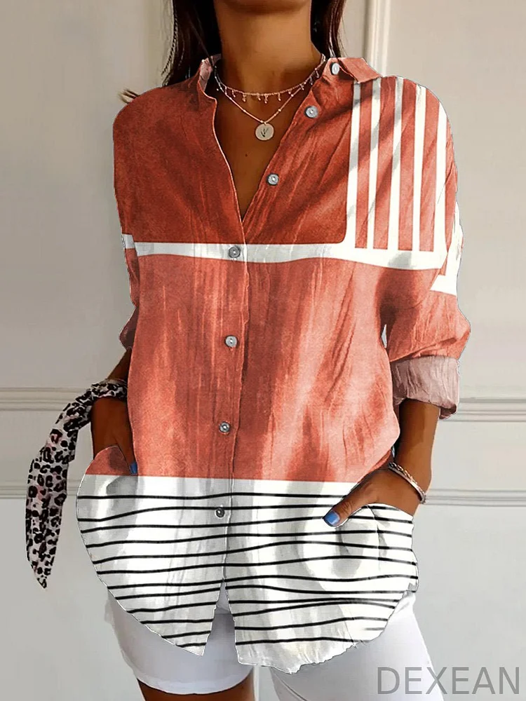 Women's Abstract Geometric  Art Print Casual Cotton Shirt