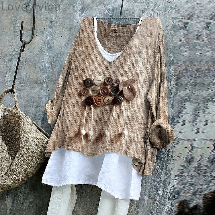 Retro Button Art Sheep Graphic Cozy Linen Blend Tunic
