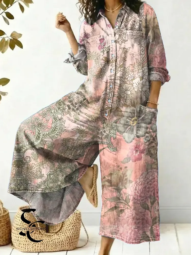 Women's Vintage Floral Pattern Art Print Casual Cotton Jumpsuit
