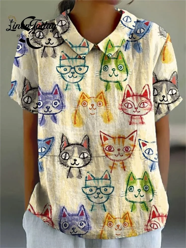 Women's Cute Cat Print Casual Cotton And Linen Shirt