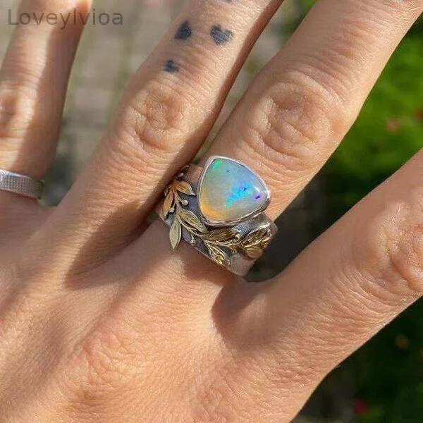 Leaf Geometric Opal Silver Ring