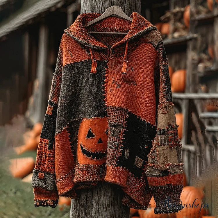 Vintage Patchwork Halloween Pumpkin Face Art Cozy Knit Hooded Sweater