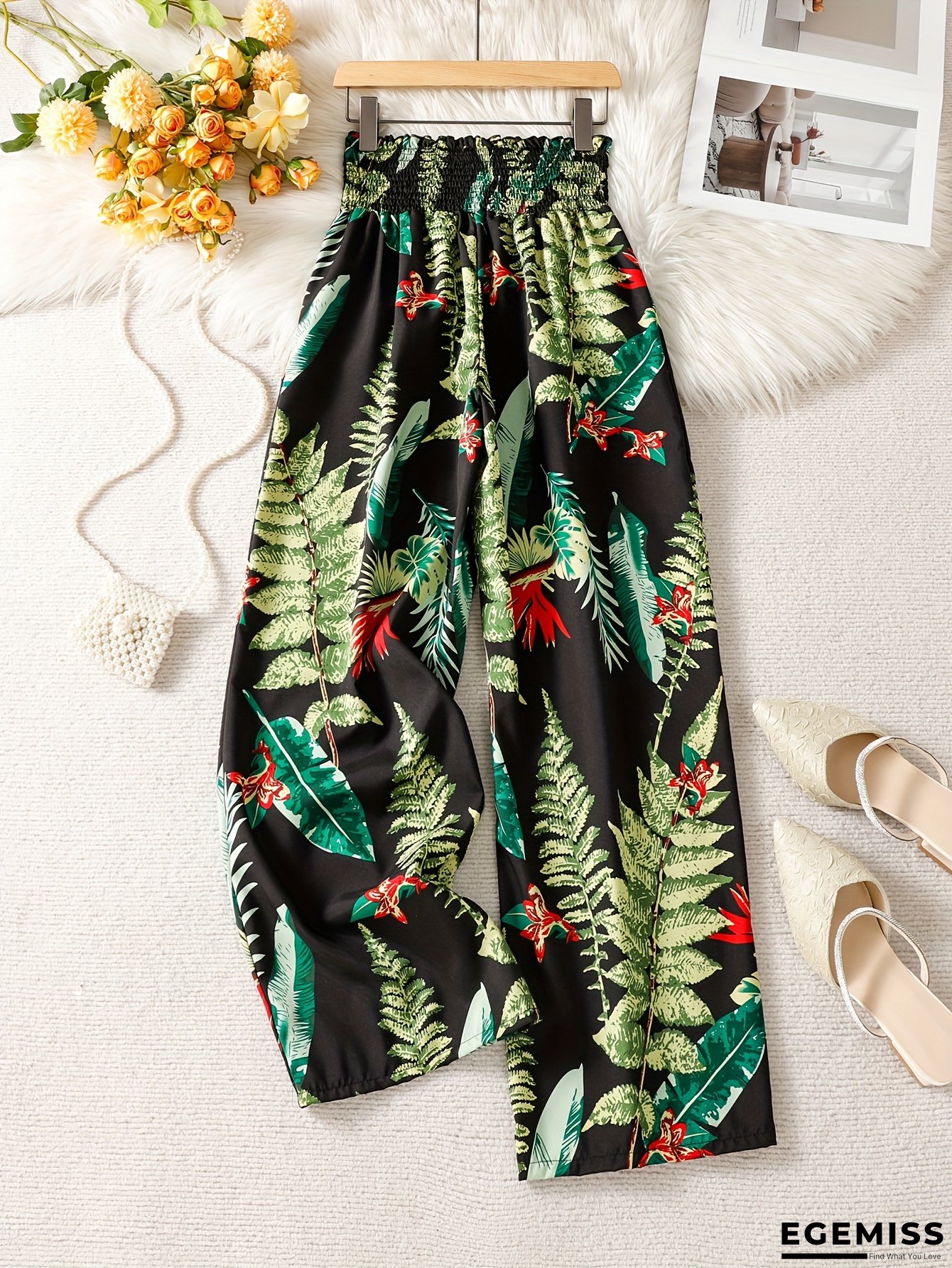 [Tropical Print Pants] Women's Tropical Print Wide-Leg Pants | Elastic Waistband, Loose Fit, All-Season Casual Wear - Black, Green, Red & White Design, Comfortable Clothing, Smooth Texture Fabric | EGEMISS