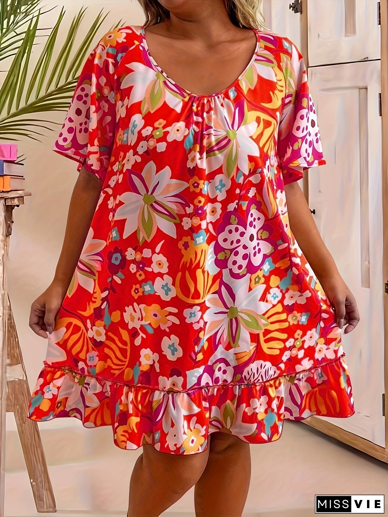 [Floral Maxi Dress] Floral V-Neck Maxi Dress | Summer New Casual For Mature Women, Polyester, Non-Stretch, Half Sleeve, No Belt, All Seasons, Big-Tall Silhouette, Pullovers Placket, Knee High Length, X Fit Type, Woven Fabric, 120 G/M&sup2; Fabric Weight