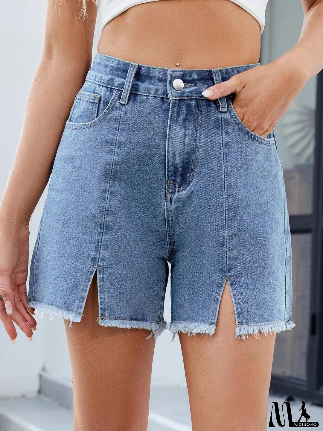 Raw Hem Slit Denim Shorts