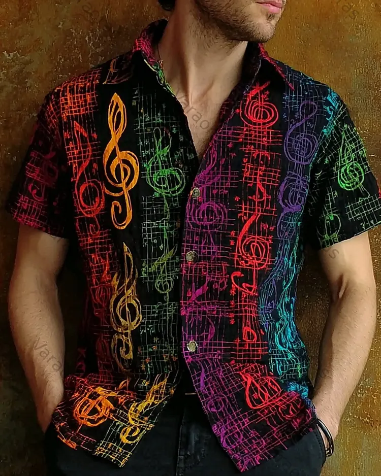 Men's Summer Fashion Rainbow-Colored  Linen Short-Sleeve Top 6363