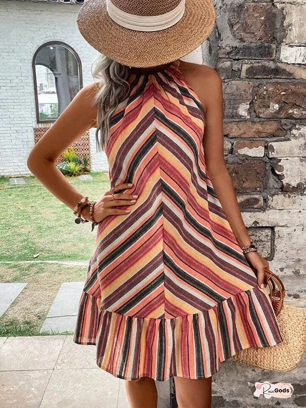 A-Line Loose Contrast Color Pleated Split-Joint Striped Halter-Neck Mini Dresses