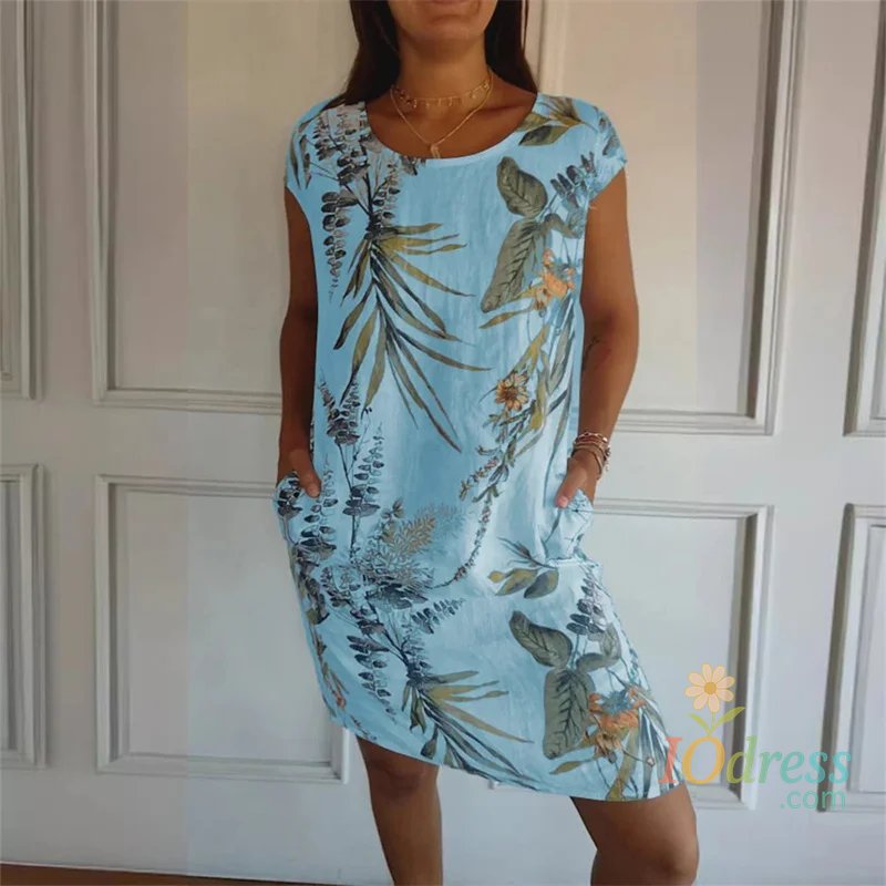 IO Dress Elegant Botanical Print Side Double Pockets Dresses Women O Neck Short Sleeve Dress Summer Comfortable Cotton Linen Female Gown IO Dress