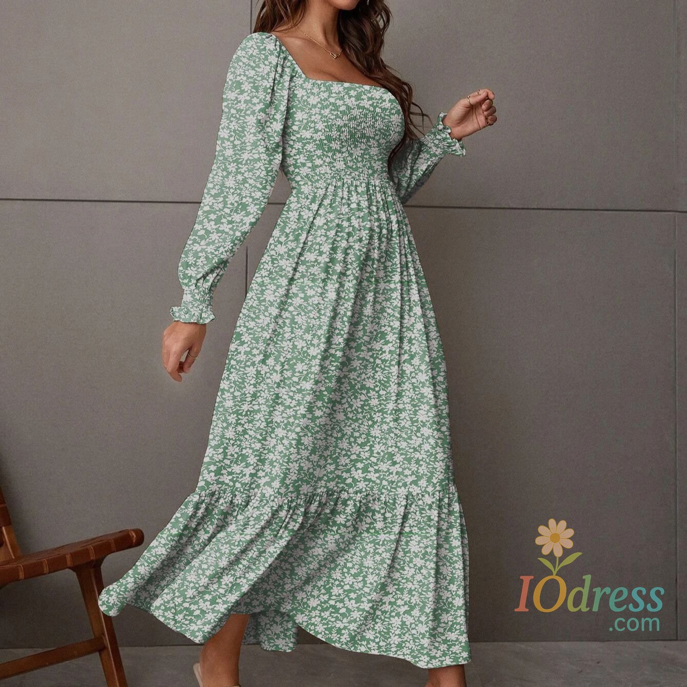 IO Dress Women's Ruched Ruffle Hem A Line Dress, Elegant Shirred Backless Long Dress for Spring and Fall Vacation Party Wedding Guest