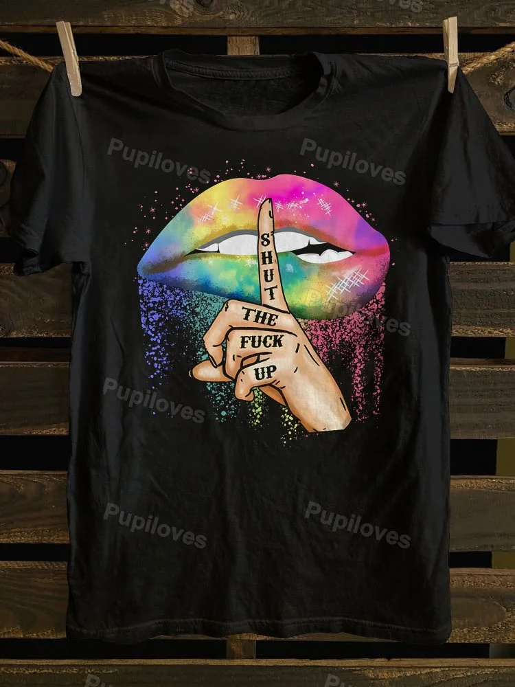 Pupiloves Pupiloves Shut The Fuck Up Iridescent Lips Print T-shirt
