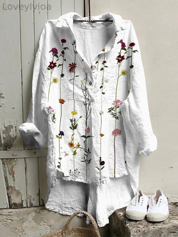 Women's Watercolor Floral Print Casual Cotton Linen Shirt