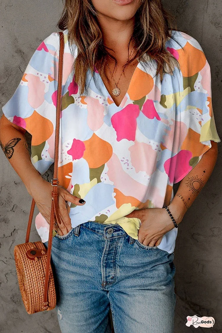 Colorful Abstract Print Blousy Draped Top