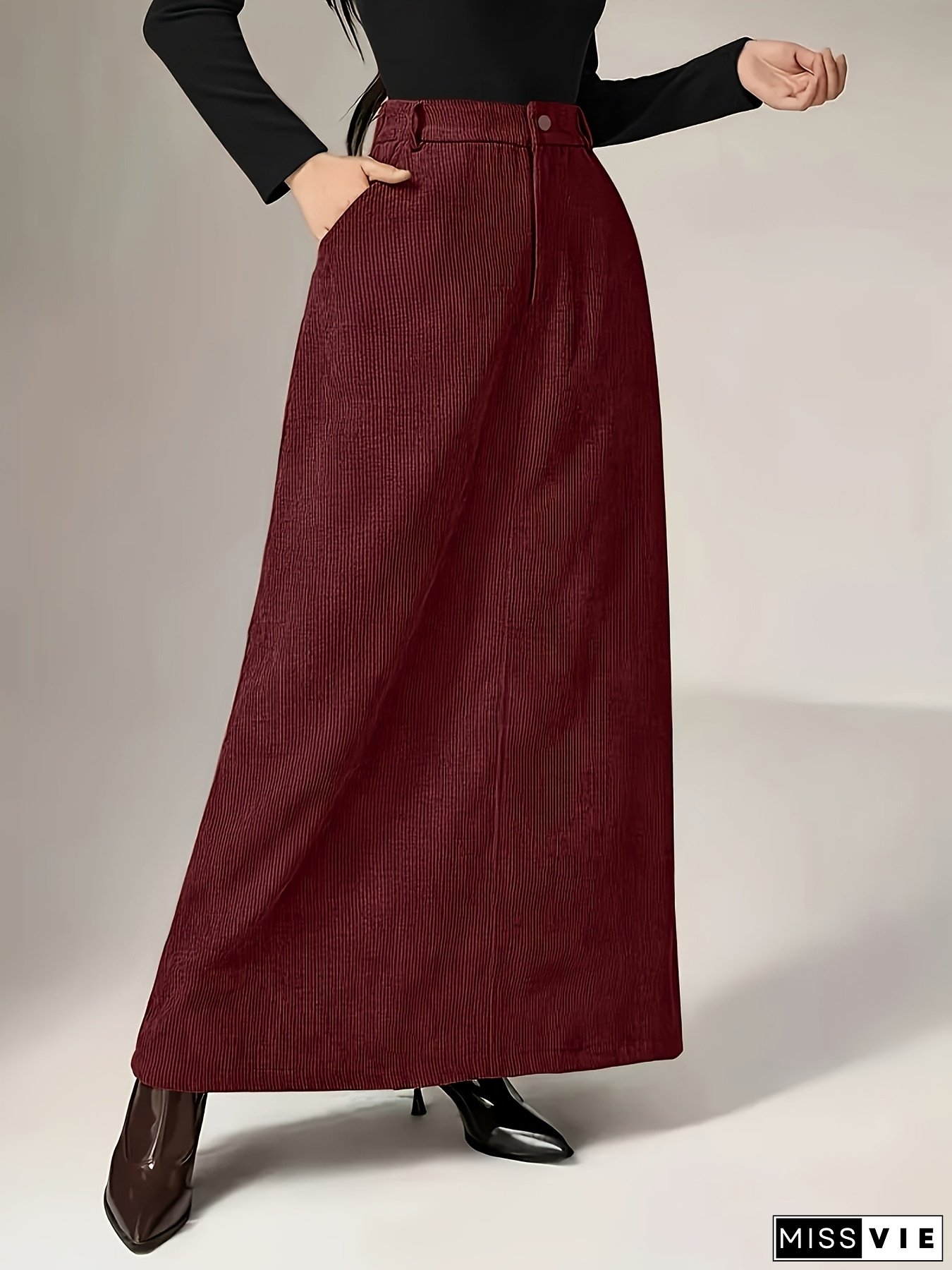 [Vintage Corduroy Skirt] High-Waist Vintage Corduroy Skirt With Pockets - Polyester 100%, Skinny Fit, Solid Color, Long Length For Spring/Fall - Versatile Workwear