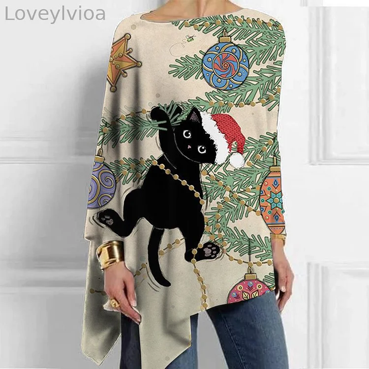 Christmas Black Cat Printed Printed Mid-Length Irregular Women's Tops