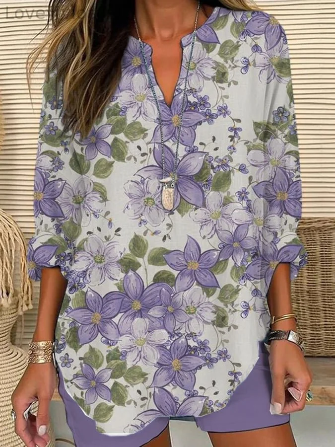 Women's Purple Floral Loose Long Sleeve Crew Neck Top